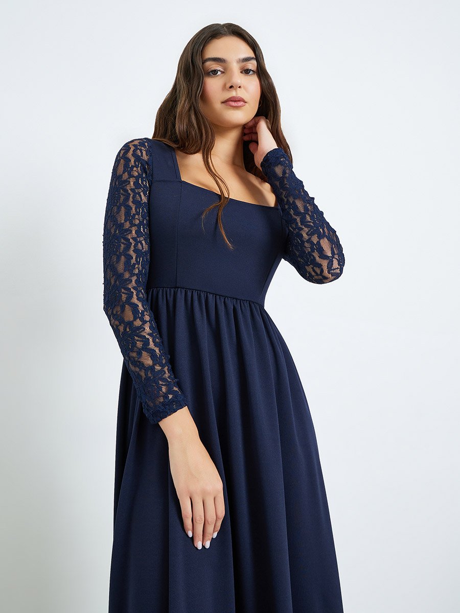 Navy Blue Lace Sleeves A-Line Maxi Dress