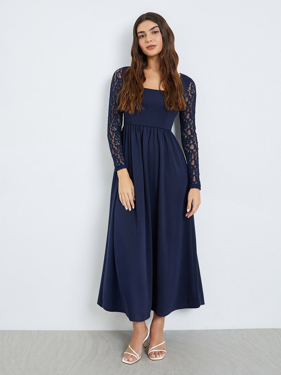 Navy Blue Lace Sleeves A-Line Maxi Dress