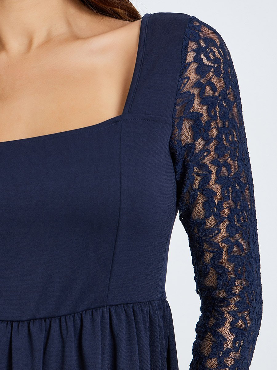 Navy Blue Lace Sleeves A-Line Maxi Dress