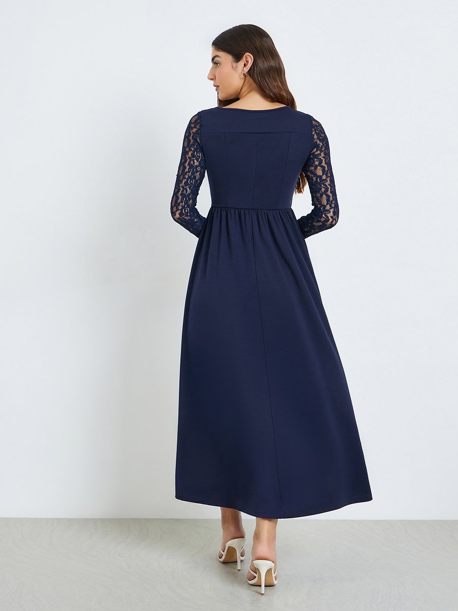 Navy Blue Lace Sleeves A-Line Maxi Dress