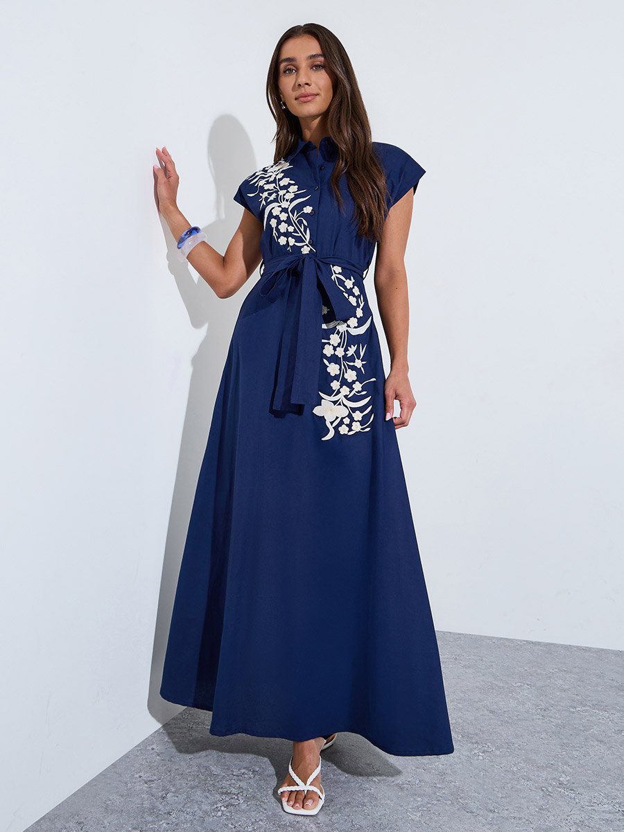 Navy Blue Embroidered Panel Cotton Shirt Maxi Dress