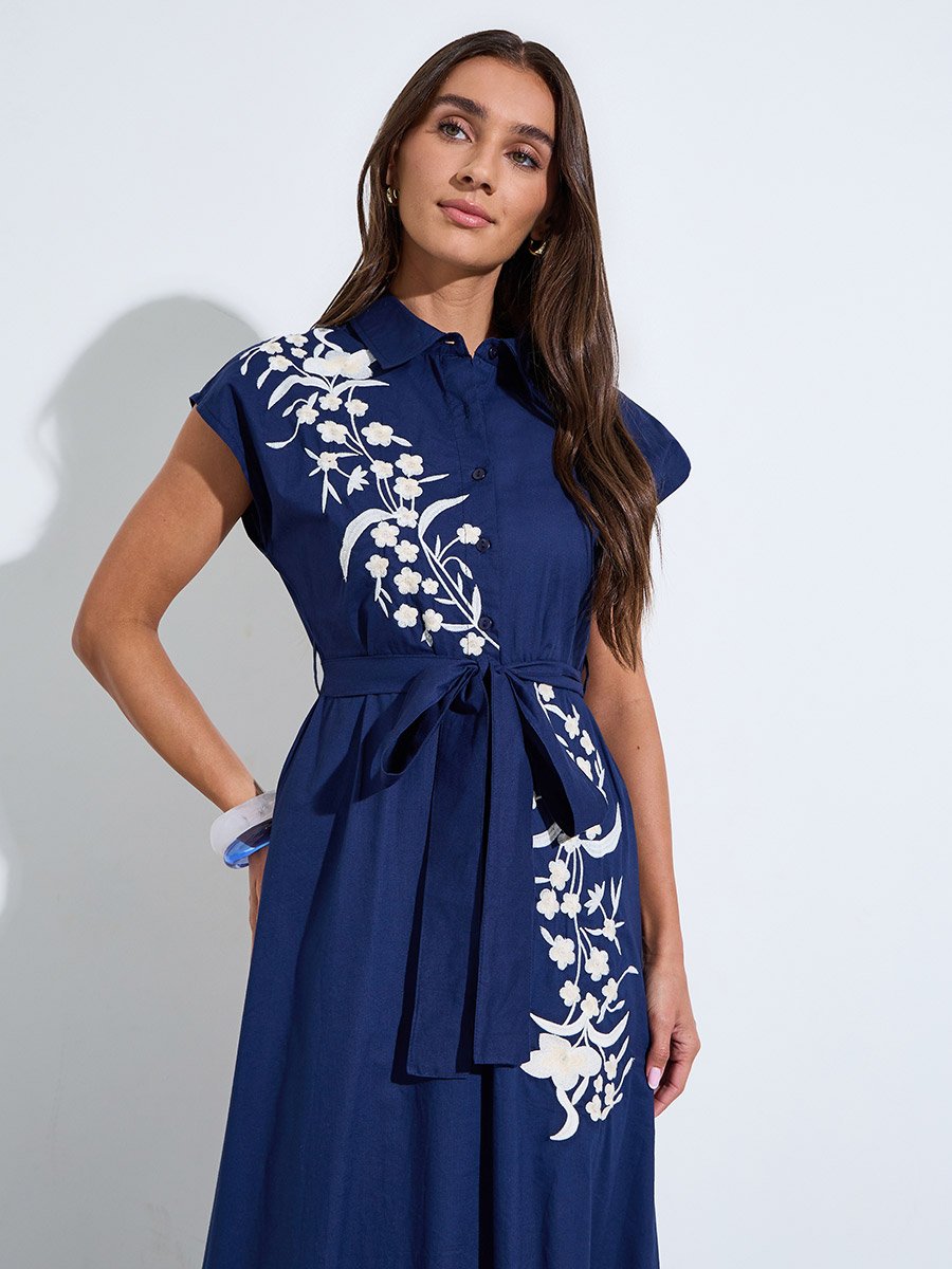 Navy Blue Embroidered Panel Cotton Shirt Maxi Dress