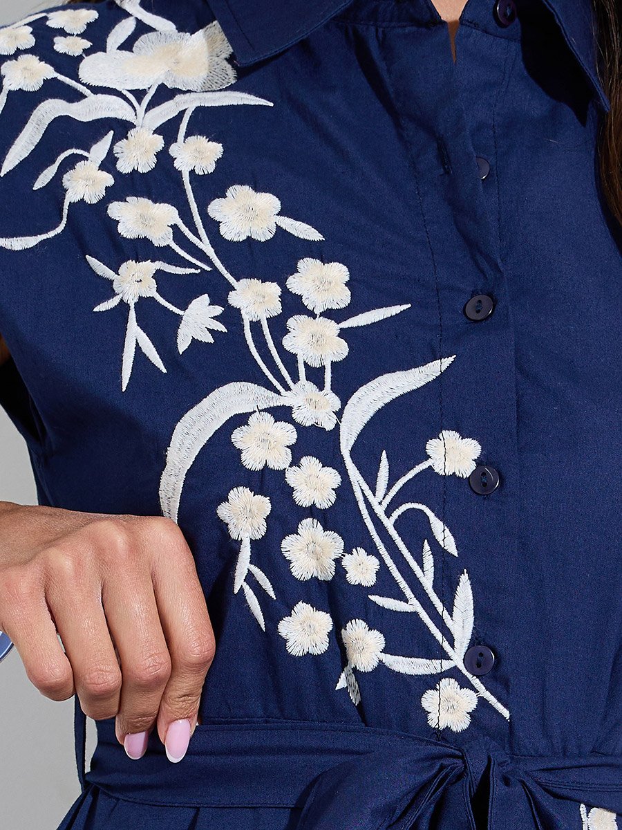 Navy Blue Embroidered Panel Cotton Shirt Maxi Dress