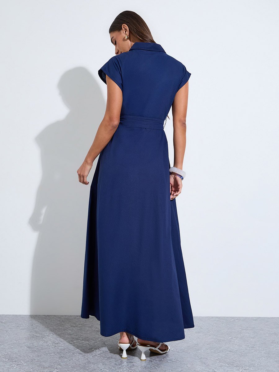 Navy Blue Embroidered Panel Cotton Shirt Maxi Dress
