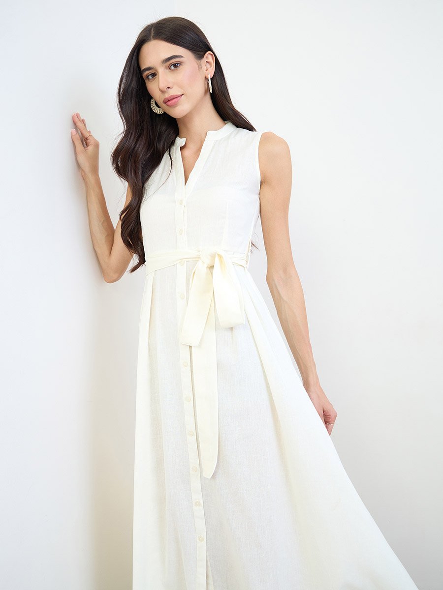 Cream Cotton Sleeveless A-Line Maxi Dress