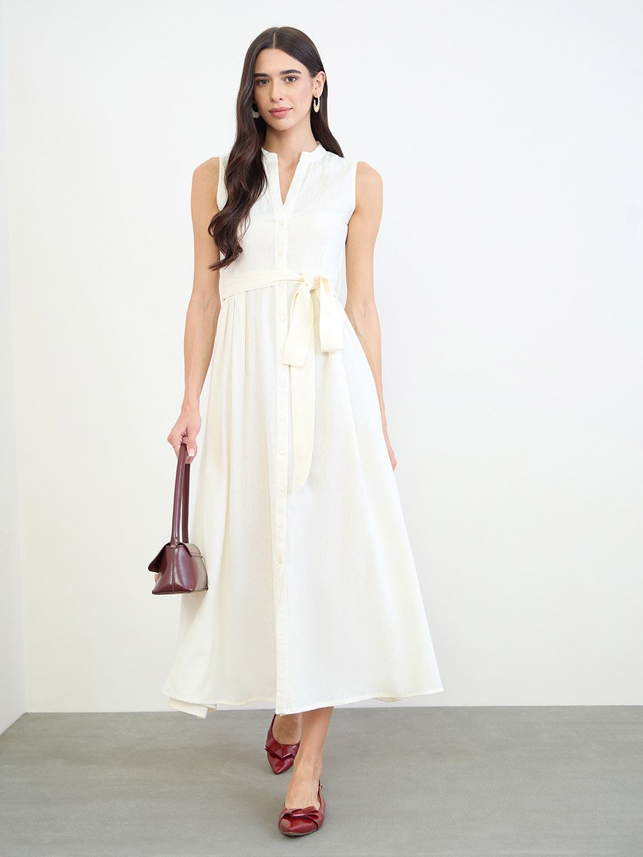 Cream Cotton Sleeveless A-Line Maxi Dress
