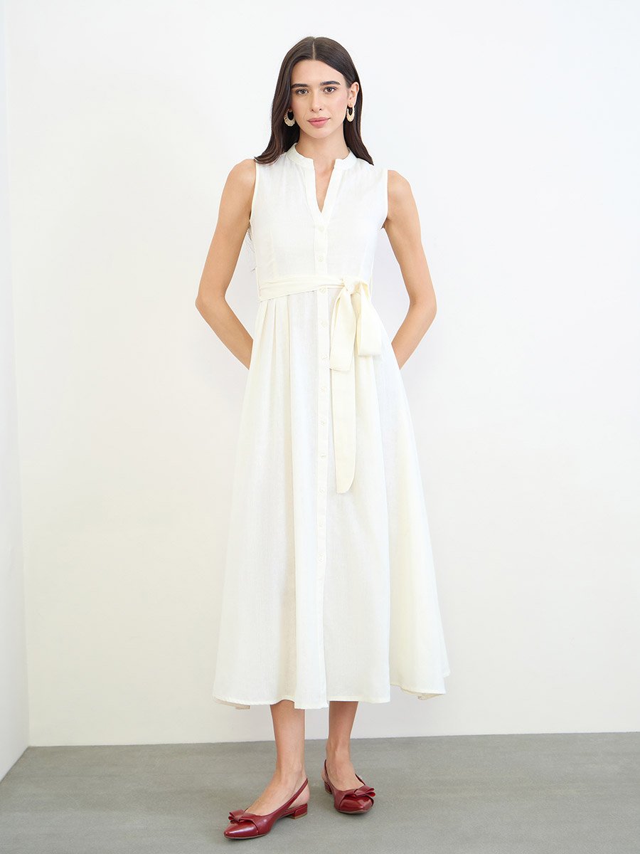 Cream Cotton Sleeveless A-Line Maxi Dress