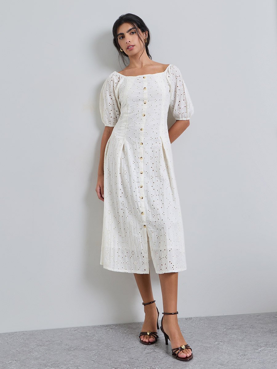 Off White Embroidered Square Neck A-Line Midi Dress