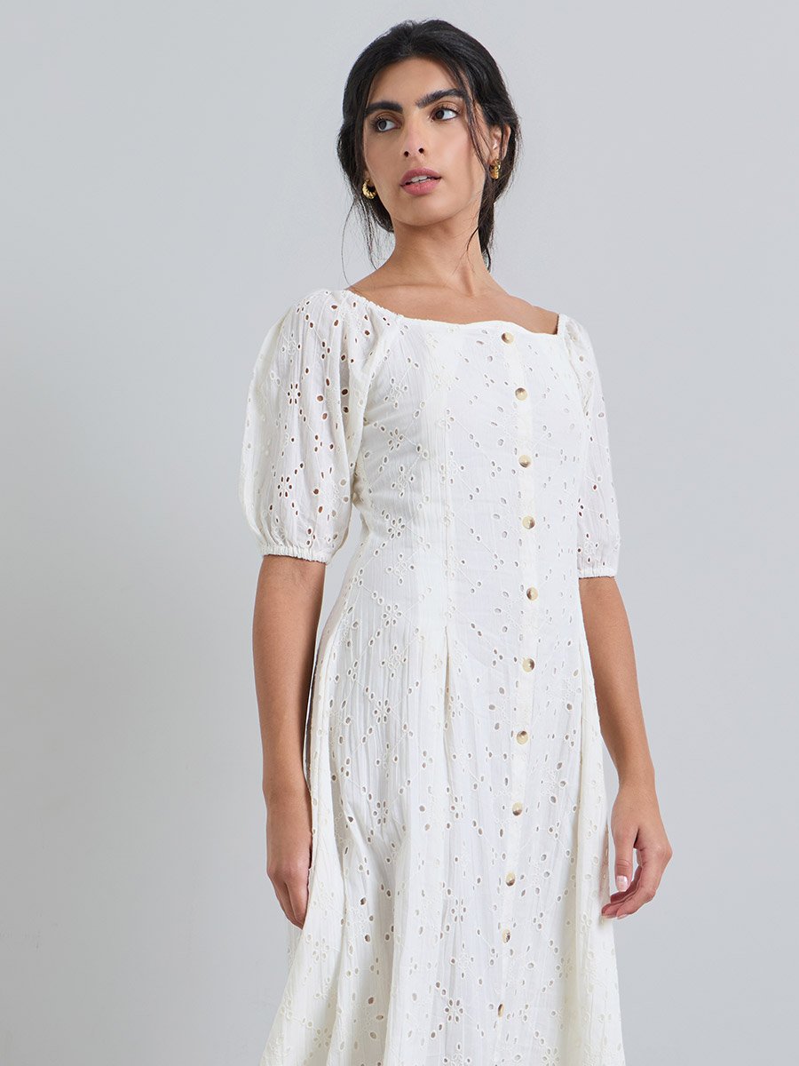 Off White Embroidered Square Neck A-Line Midi Dress