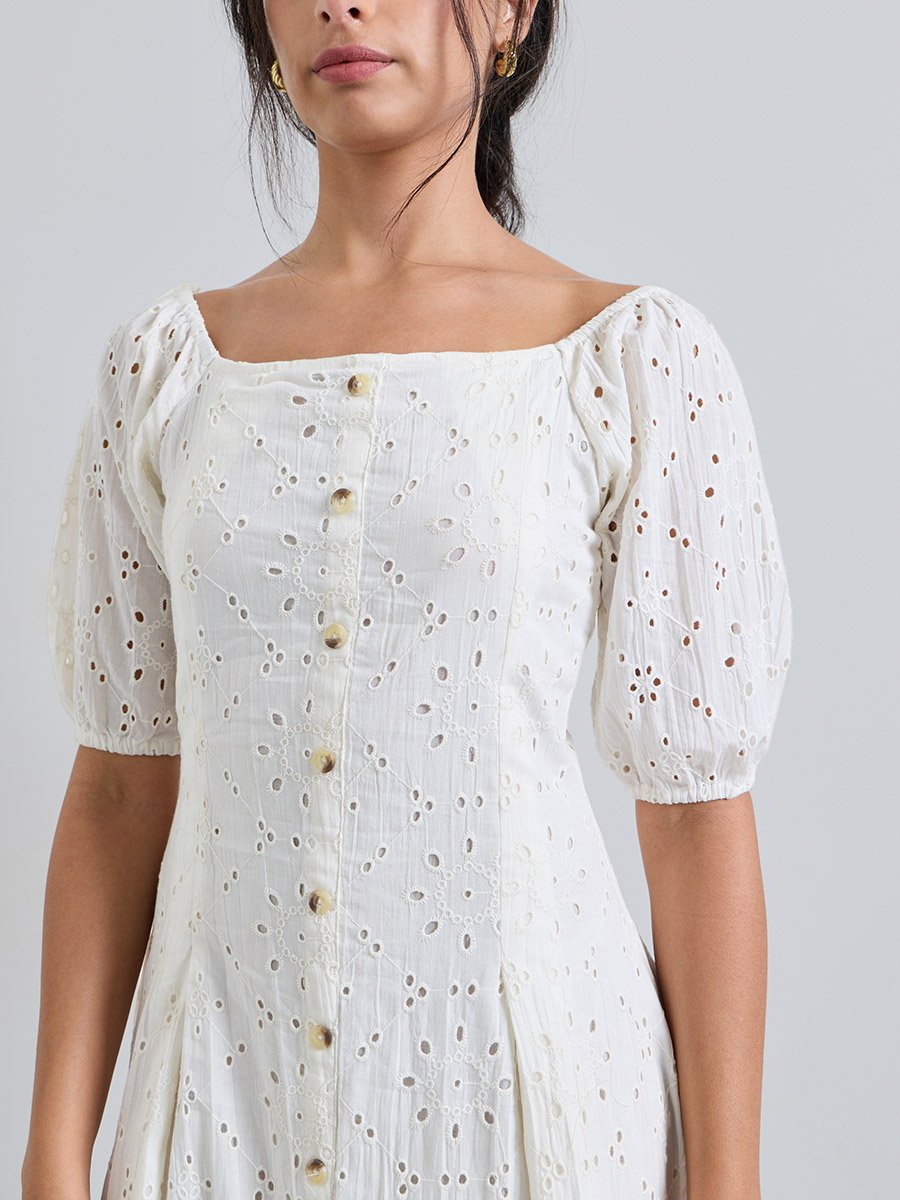 Off White Embroidered Square Neck A-Line Midi Dress