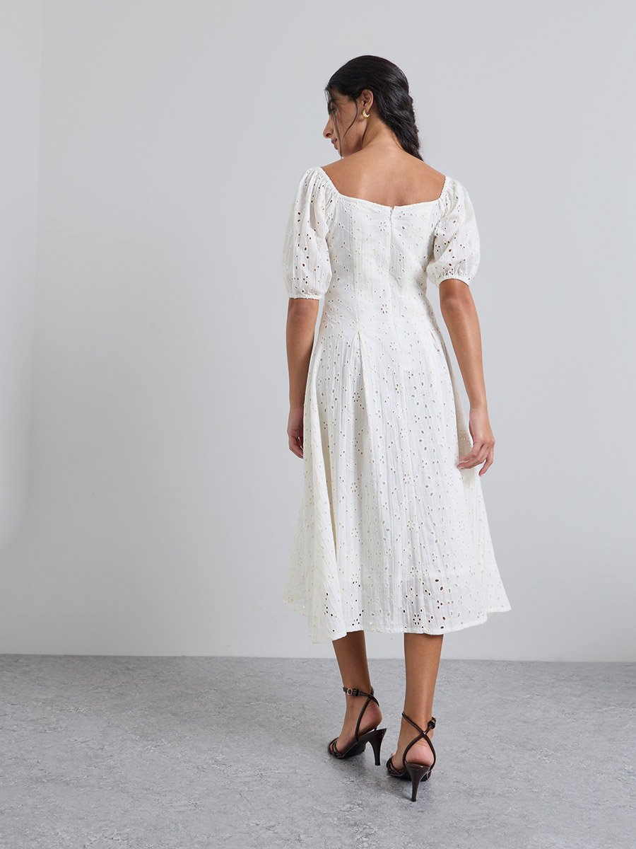 Off White Embroidered Square Neck A-Line Midi Dress