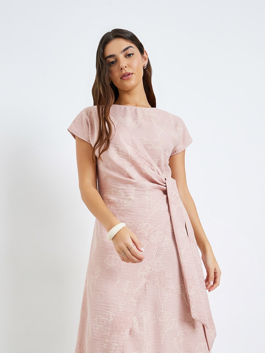 Pink Floral Print Wrap Tie Midi Dress
