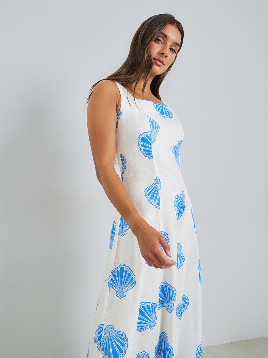 Blue Seashell Print A-Line Maxi Dress