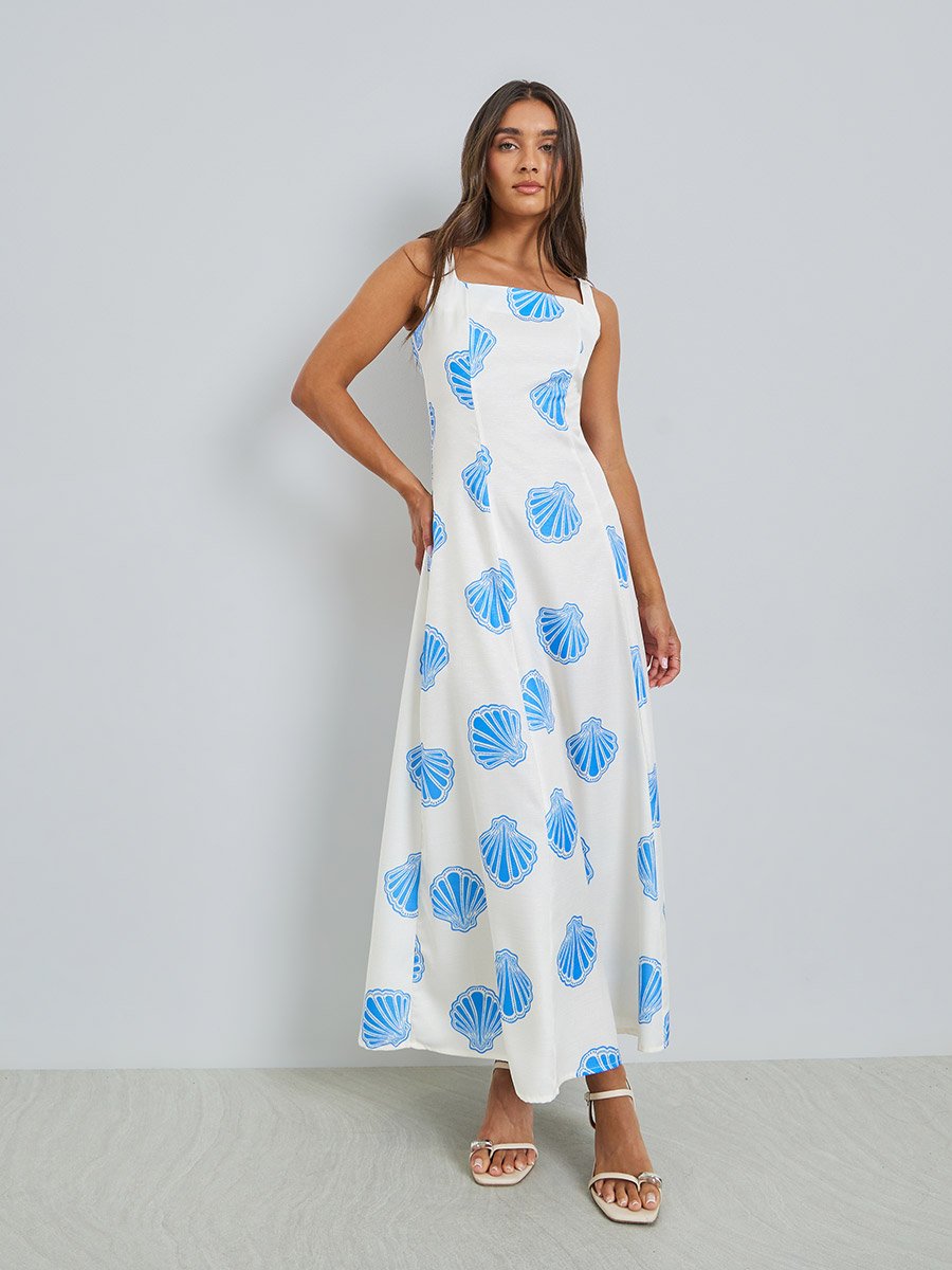 Blue Seashell Print A-Line Maxi Dress
