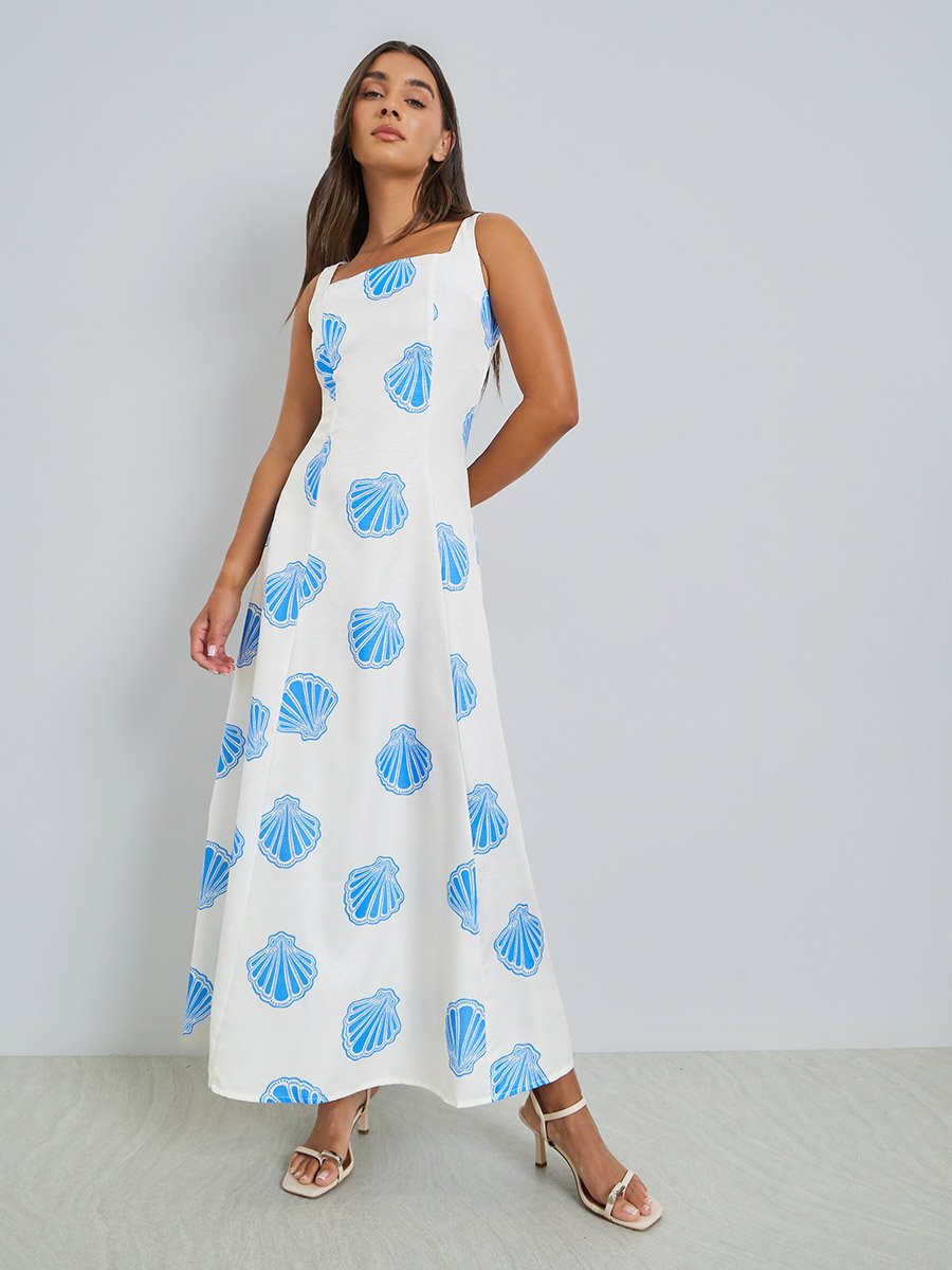 Blue Seashell Print A-Line Maxi Dress