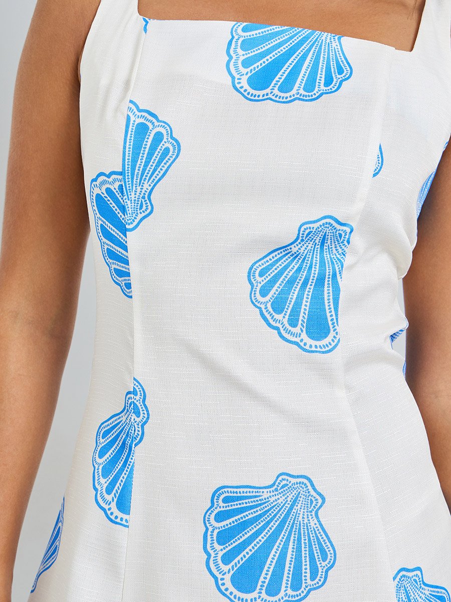 Blue Seashell Print A-Line Maxi Dress