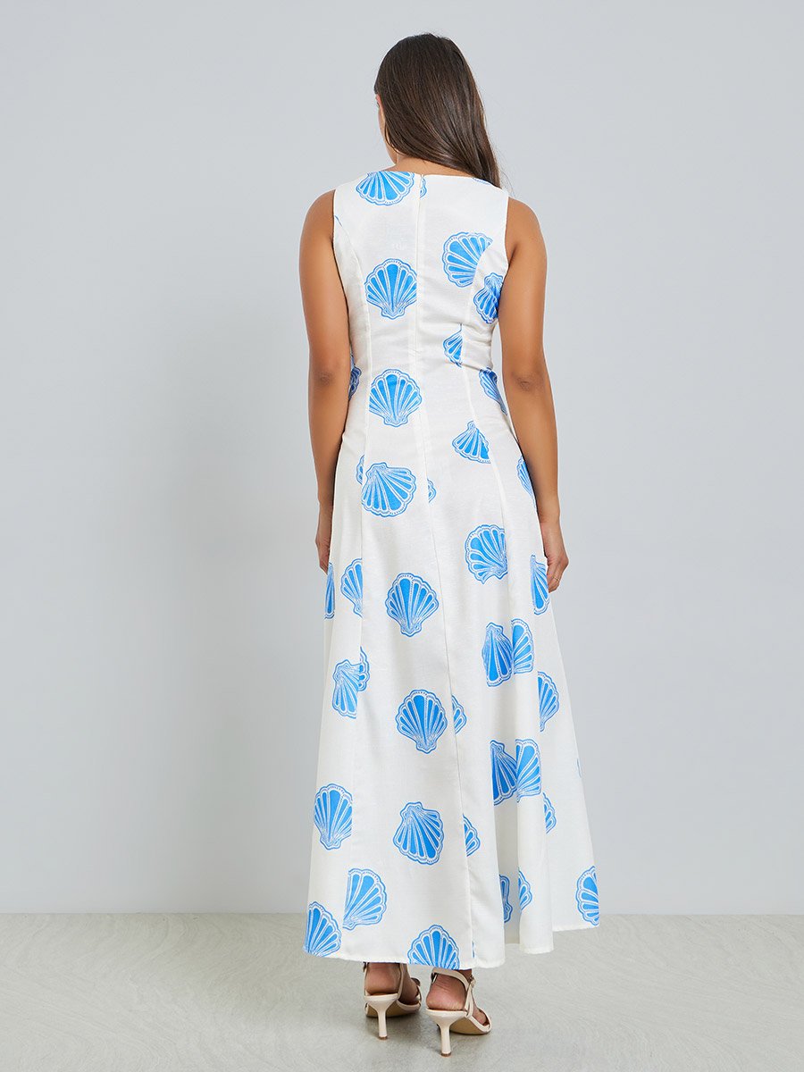 Blue Seashell Print A-Line Maxi Dress