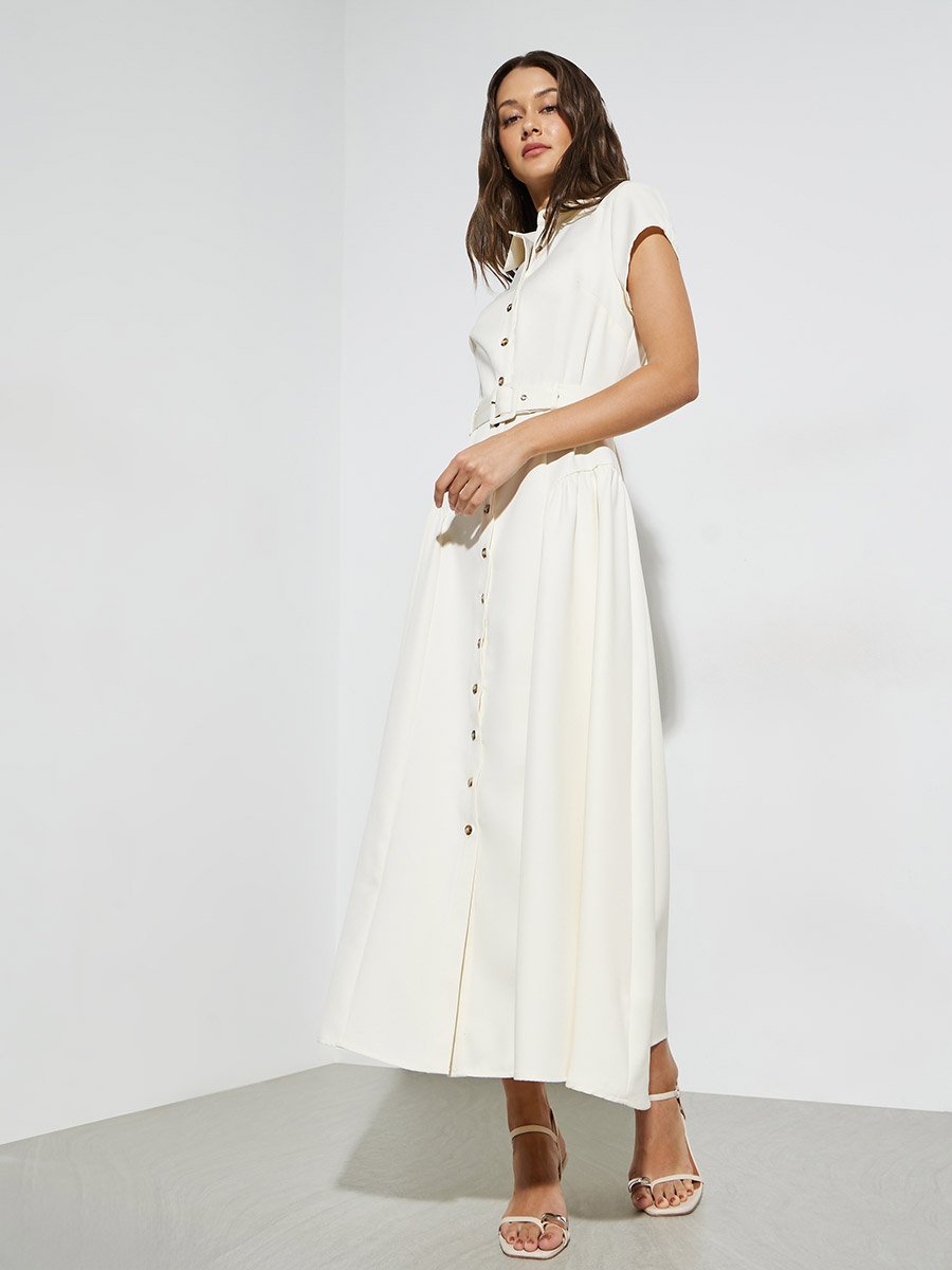 cream belted shirt dress Kelsie Short Sleeve Midi Shirt Dress