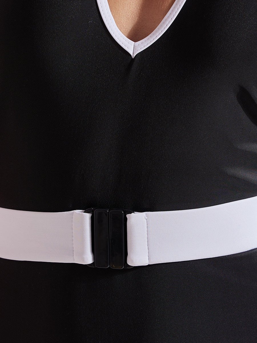 Black V Neck Swimsuit with Contrast Piping and Removable Belt