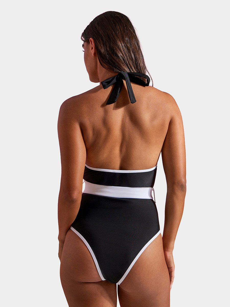 Black V Neck Swimsuit with Contrast Piping and Removable Belt