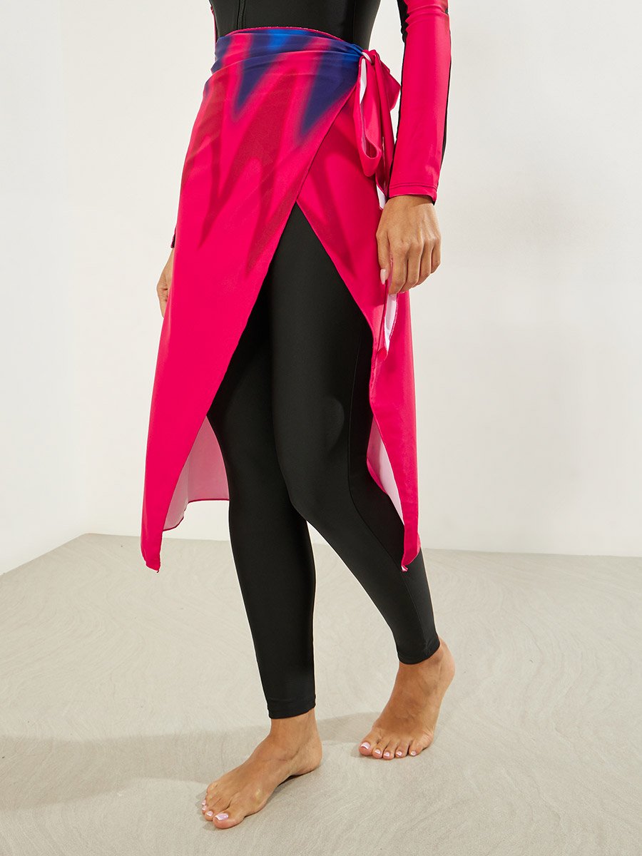Pack of 3 - Abstract Print Full Sleeve Swimsuit, Leggings and Printed Midi Wrap Skirt Burkini Set