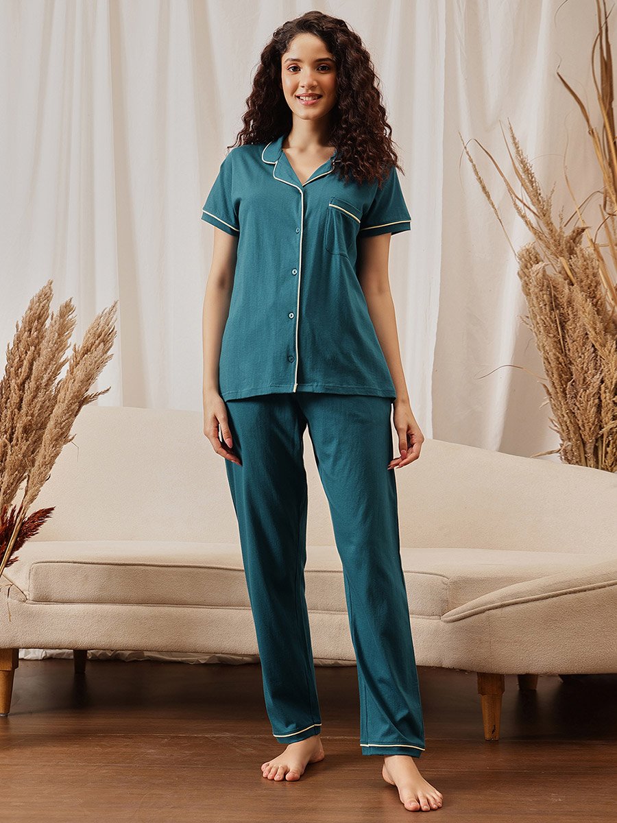 Green Solid Cotton Shirt and Pyjama Set