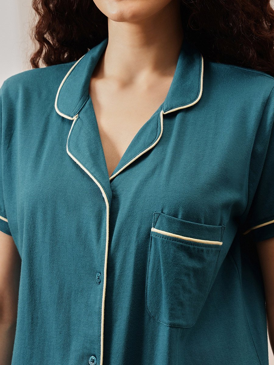 Green Solid Cotton Shirt and Pyjama Set