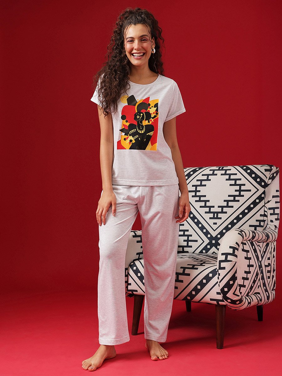 Grey Graphic Print Cotton T-Shirt and Pyjama Set