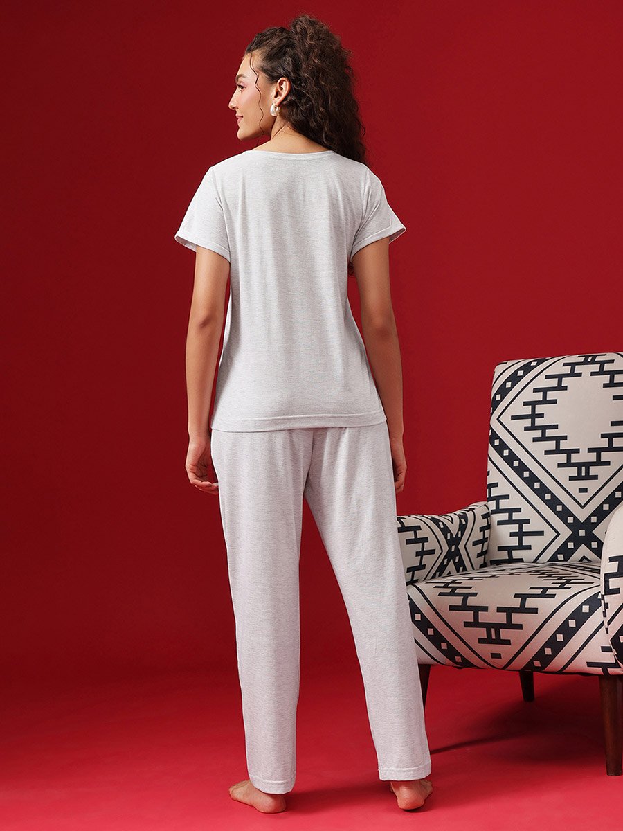 Grey Graphic Print Cotton T-Shirt and Pyjama Set
