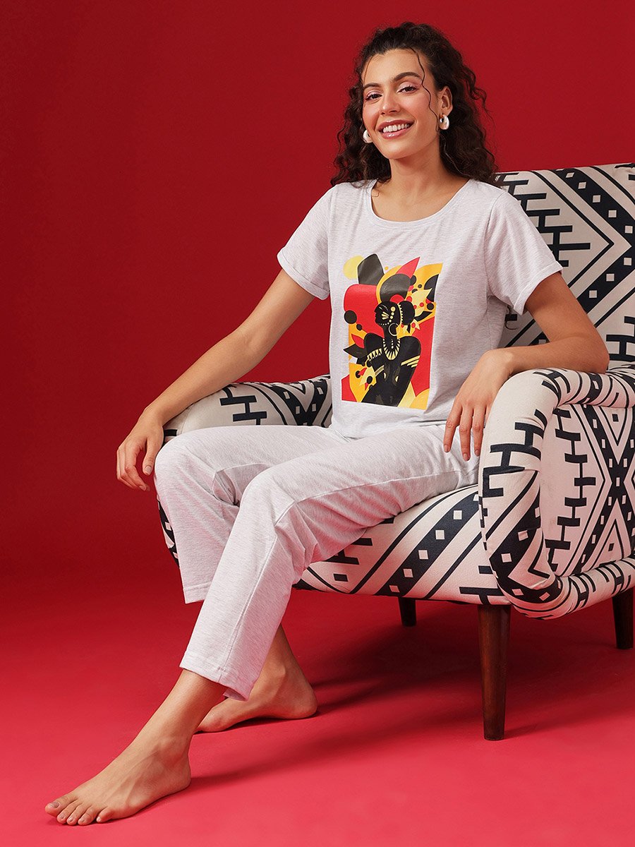 Grey Graphic Print Cotton T-Shirt and Pyjama Set