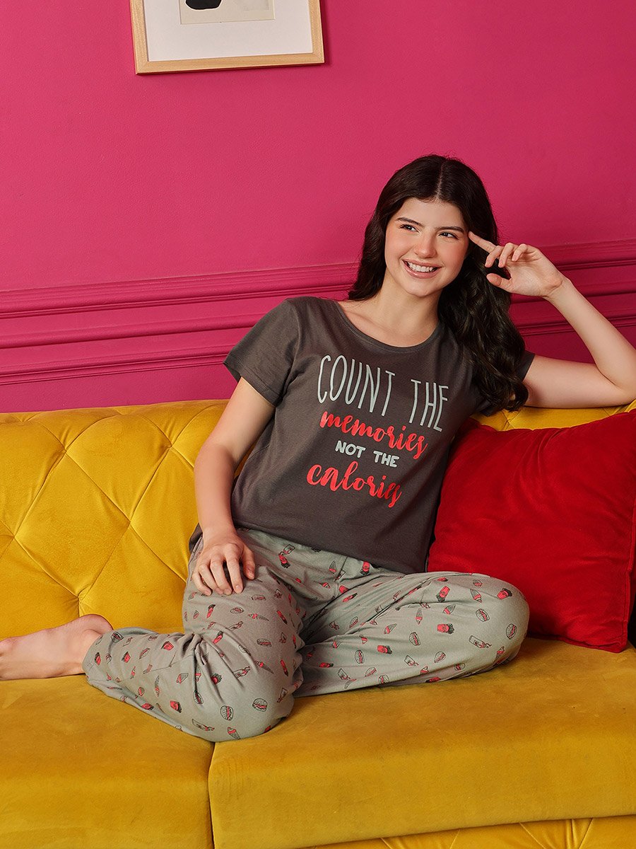 Grey Text Print Cotton T-Shirt and Printed Pyjama Set
