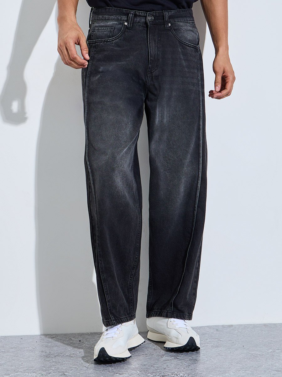 Men Black Panelled Baggy Fit Jeans