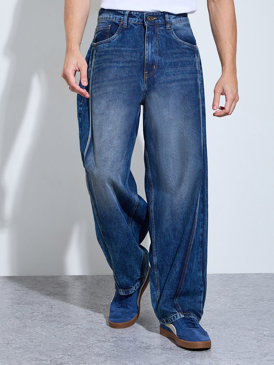 Men Blue Panelled Baggy Fit Jeans