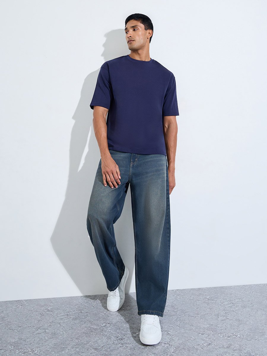 Men Baggy Washed Jeans with Whisker Detail
