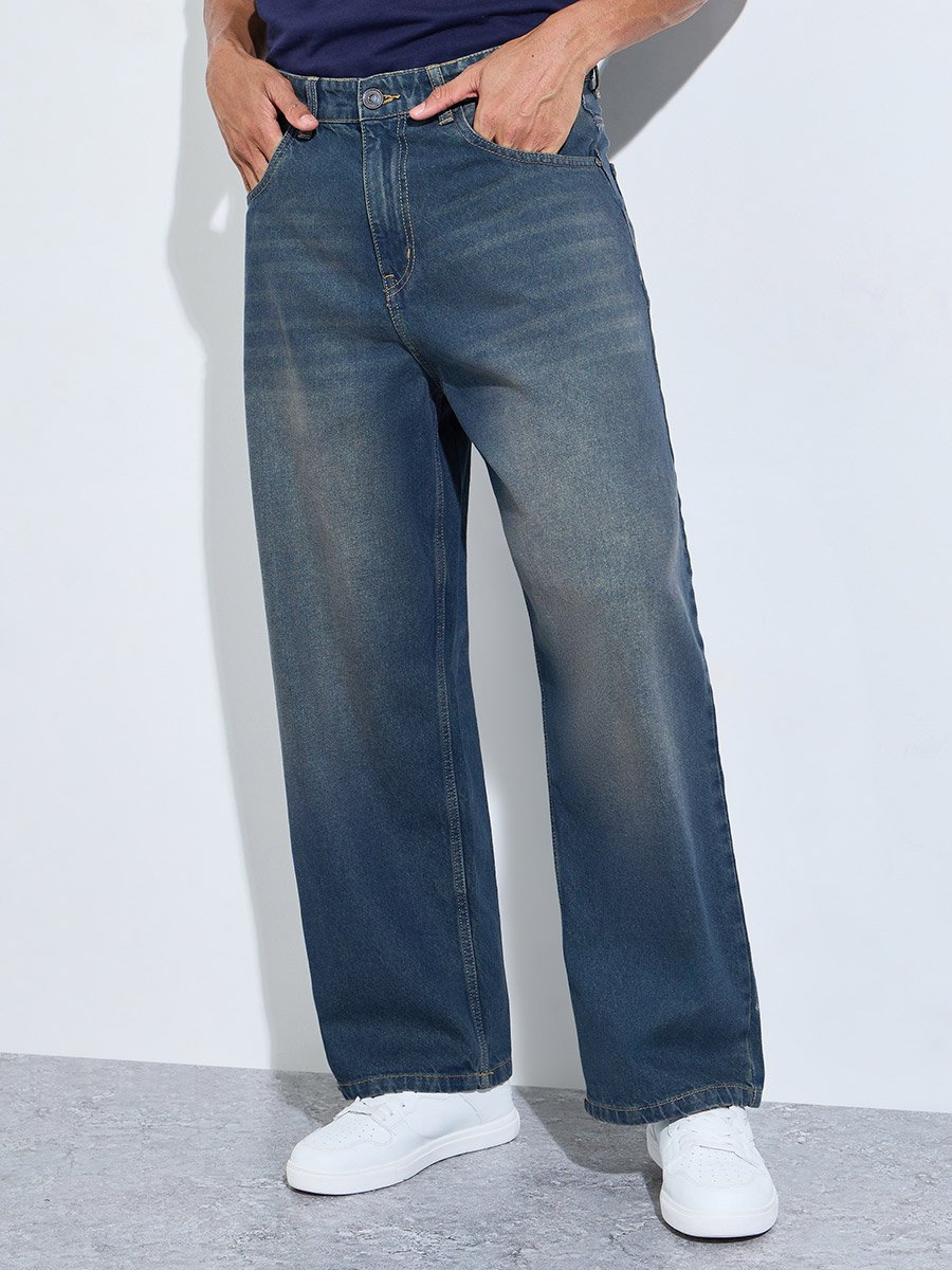 Men Baggy Washed Jeans with Whisker Detail