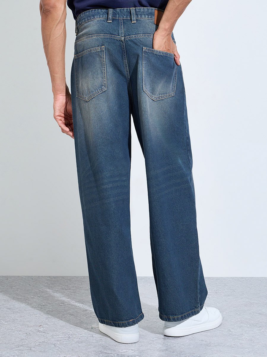 Men Baggy Washed Jeans with Whisker Detail