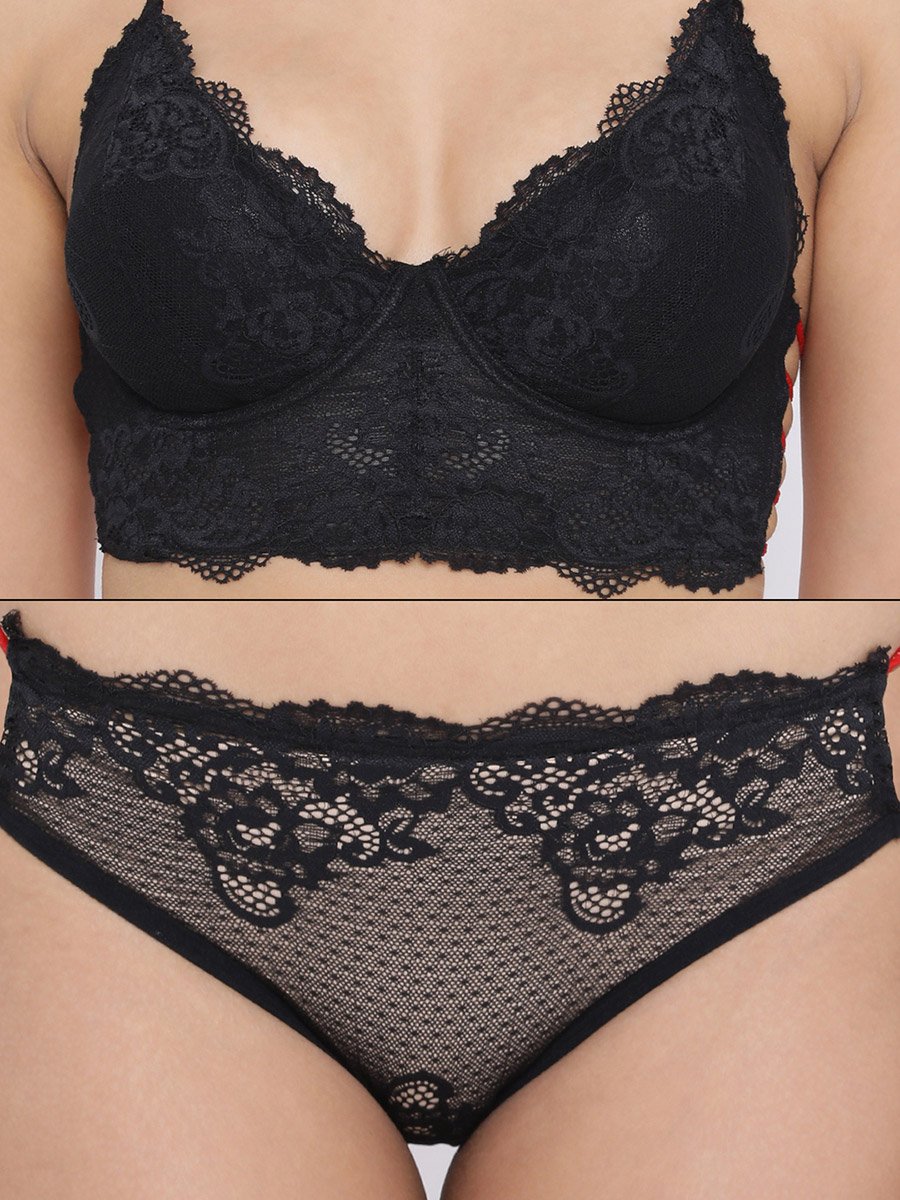 Black Non-Padded Underwired Halter Neck Bridal Bra with Bikini