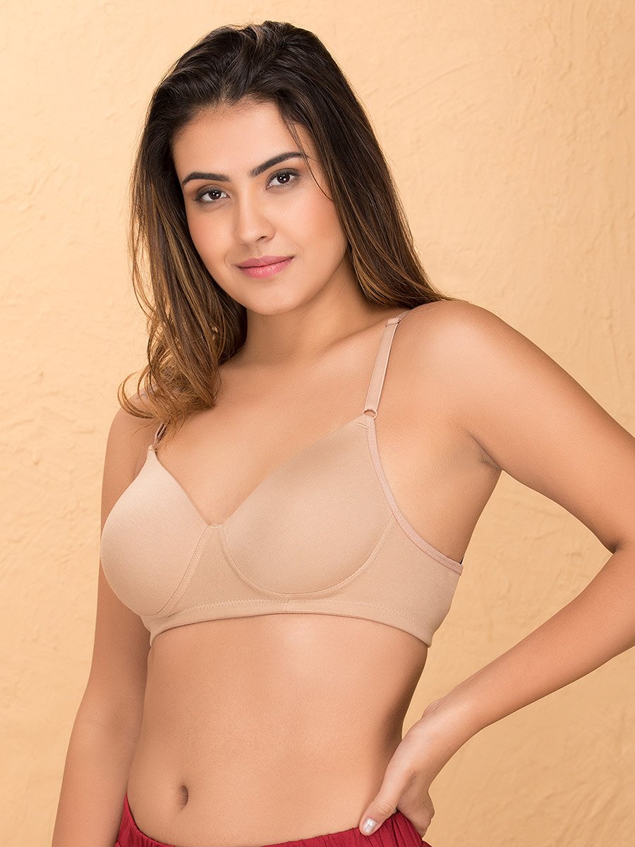 Beige Padded Non-Wired Cotton Rich T-Shirt Bra