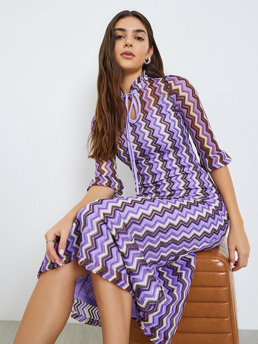 Purple Chevron Knit Midi Dress with 3/4 Sleeves For Women at Saudi | Styli