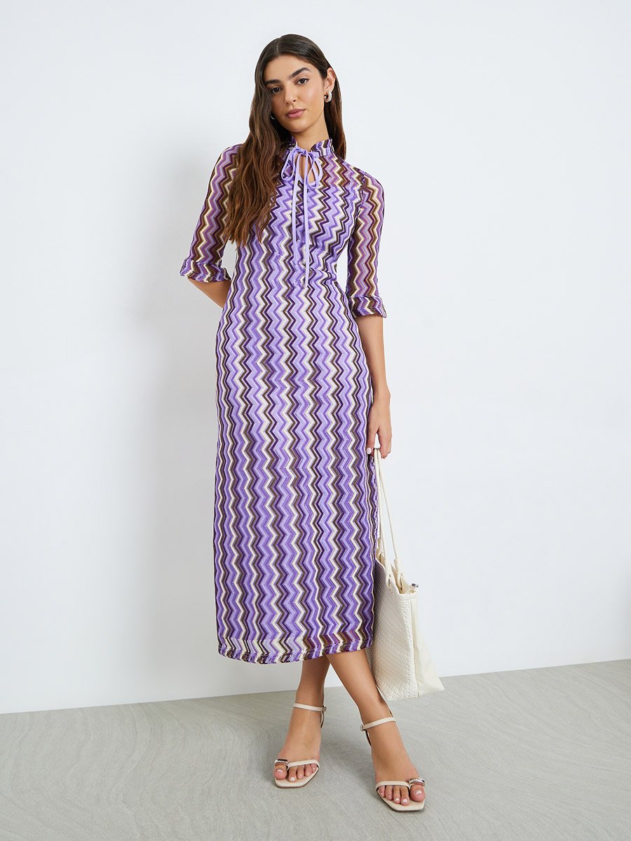 purple and white chevron dress Purple Chevron Knit Midi Dress with 3/4 Sleeves For Women at Kuwait