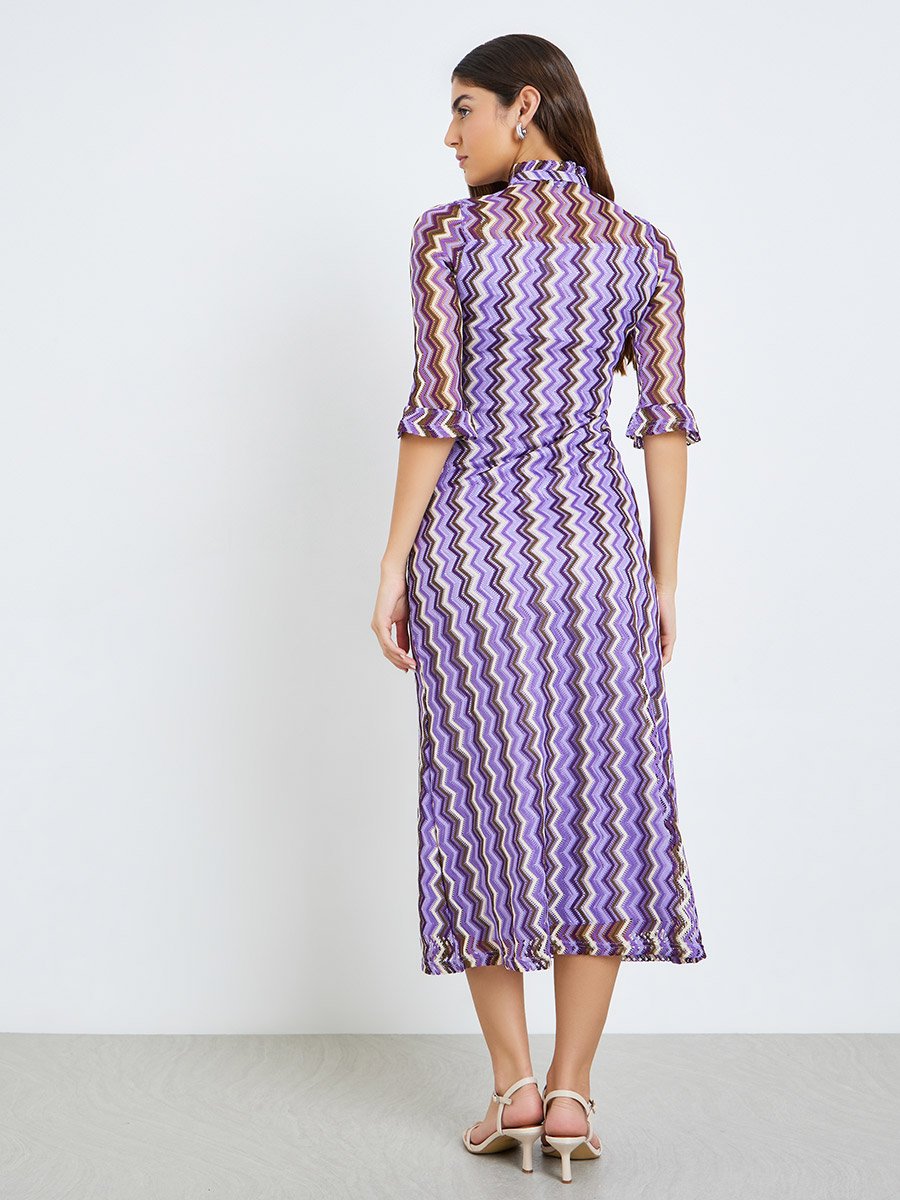 Purple Chevron Knit Midi Dress with 3/4 Sleeves For Women at Saudi | Styli