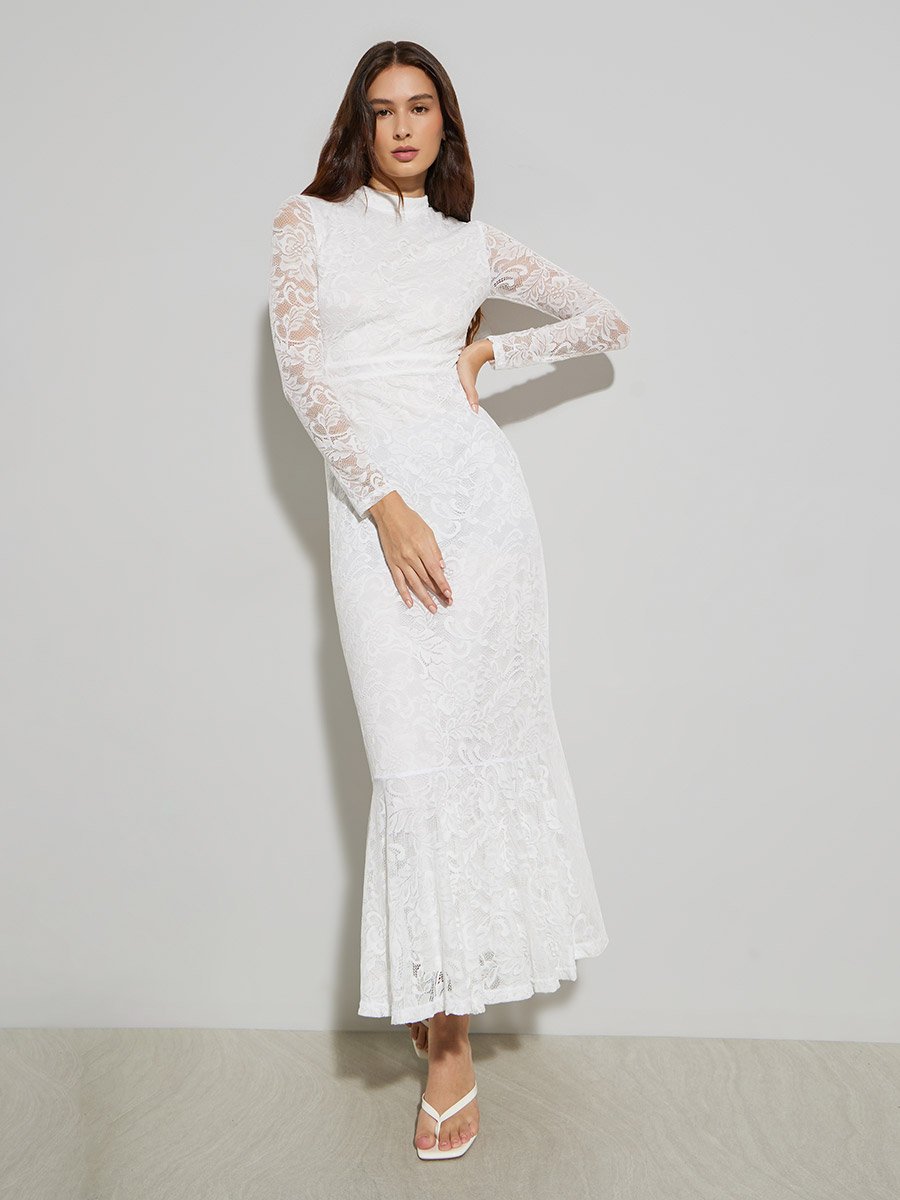 White Lace Mermaid Hem Maxi Dress