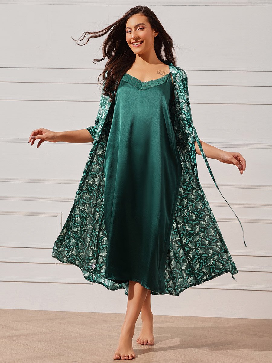 Pack of 2 - Solid Satin Slip Dress and Floral Robe Set