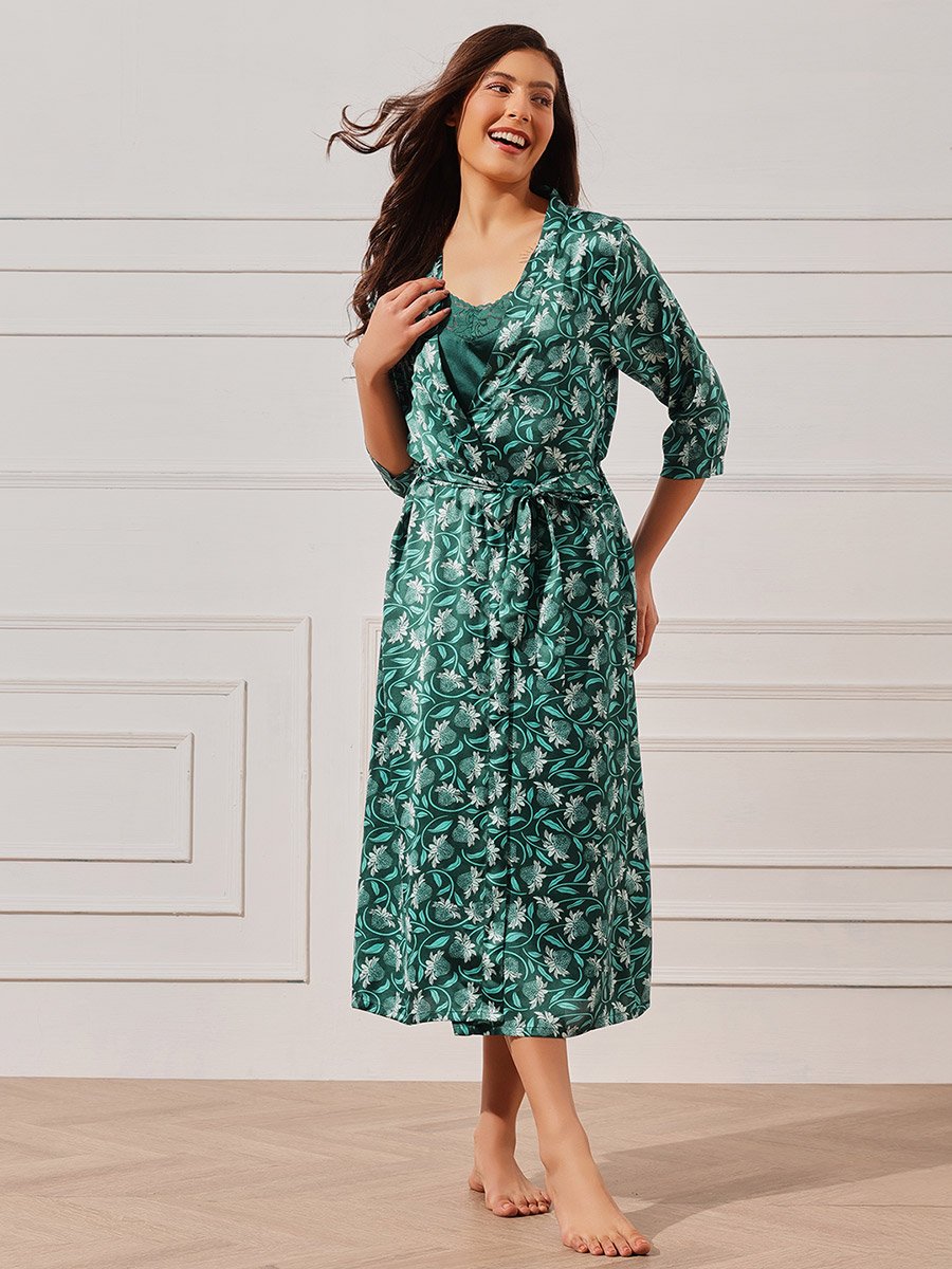 Pack of 2 - Solid Satin Slip Dress and Floral Robe Set