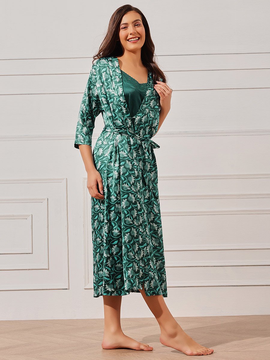 Pack of 2 - Solid Satin Slip Dress and Floral Robe Set