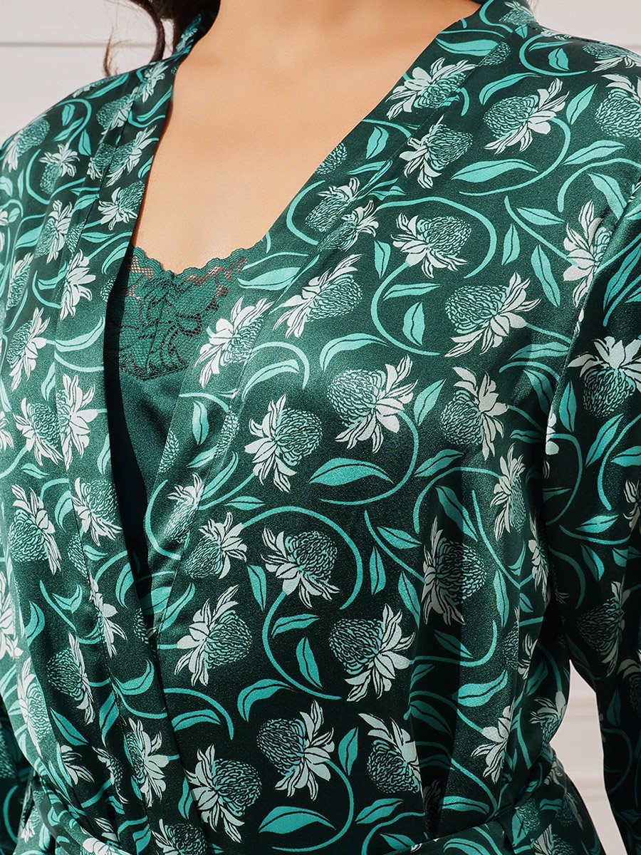 Pack of 2 - Solid Satin Slip Dress and Floral Robe Set
