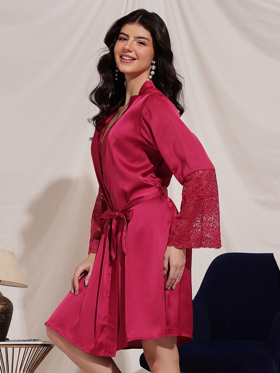 Magenta Satin Robe with Lace Sleeves