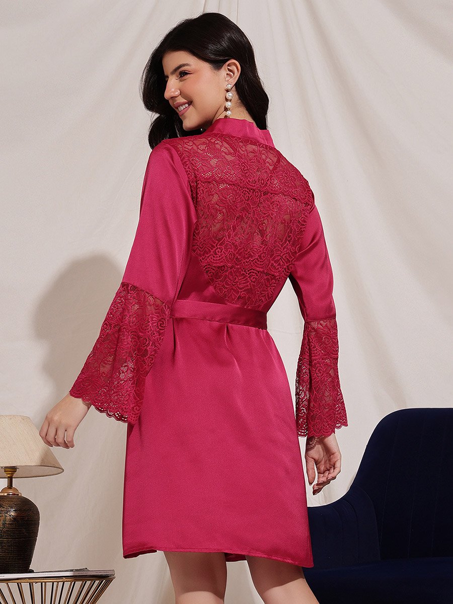 Magenta Satin Robe with Lace Sleeves