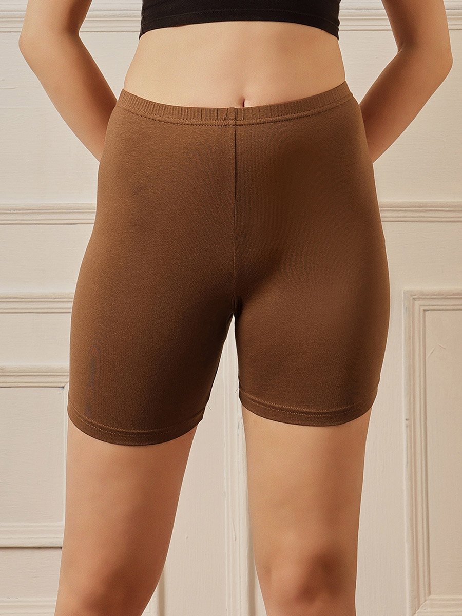 Brown Cotton Mid Waist Cycling Shorts with Inner Elastic
