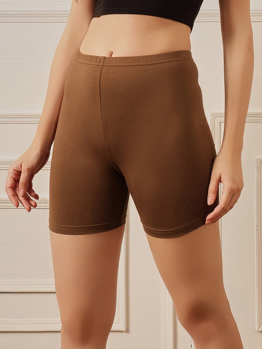 Brown Cotton Mid Waist Cycling Shorts with Inner Elastic
